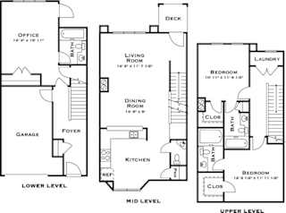GreatScott. 2 bedroom townhome with office. Kitchen with bartop open to living/dinning rooms. 2 full bathroom + powder room. Walk-in closets. Patio/balcony.